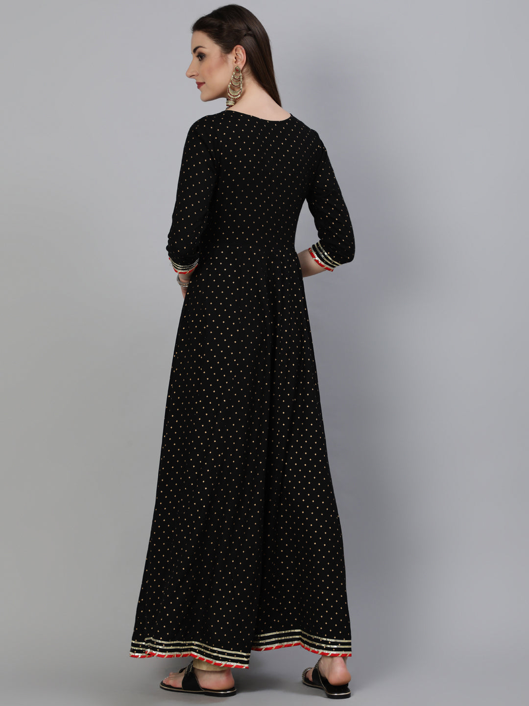 Rayon  Foil Printed Flared 3/4 Sleeve Round Neck Ankle Length Kurta