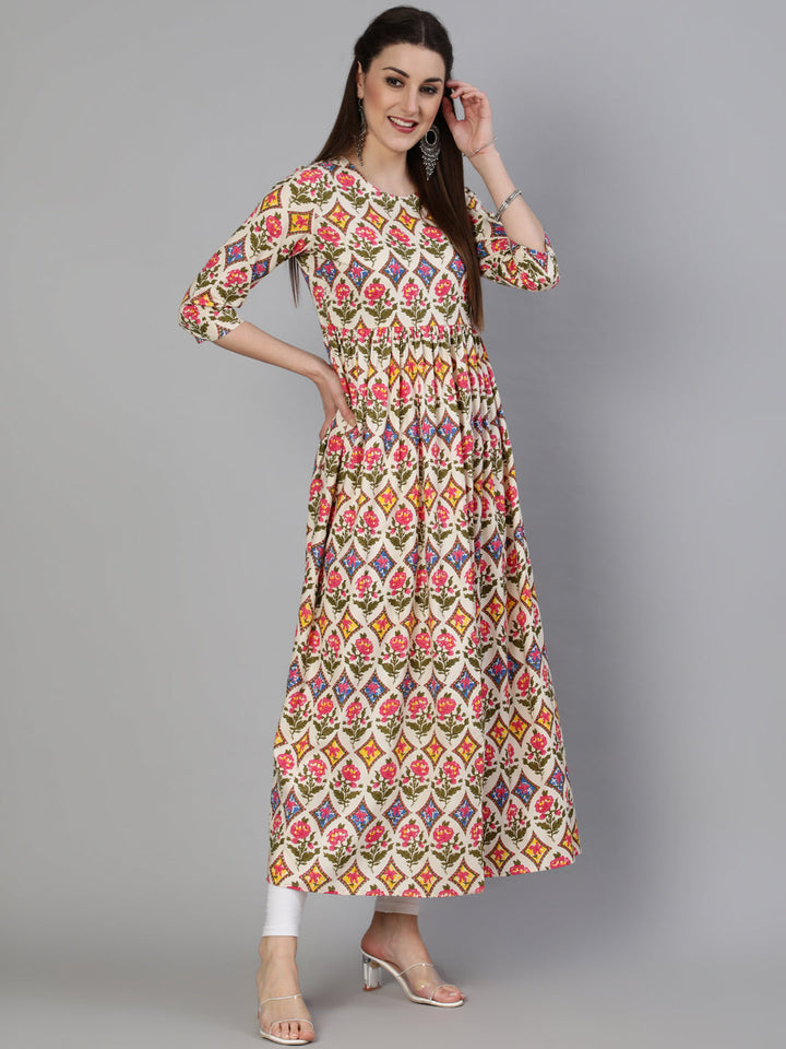 Rayon Printed A-Line 3/4 Sleeve Round Neck Calf Length Kurta