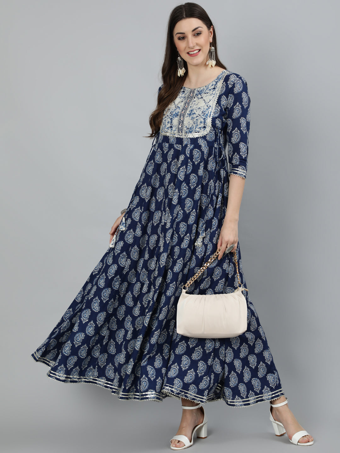 Cotton Printed Flared 3/4 Sleeve Round Neck Ankle Length Kurta