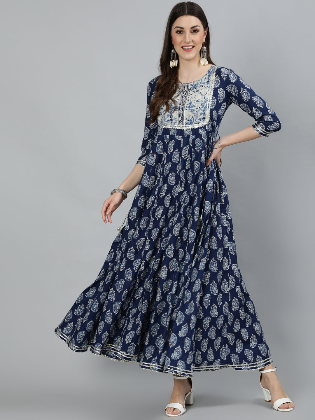 Cotton Printed Flared 3/4 Sleeve Round Neck Ankle Length Kurta
