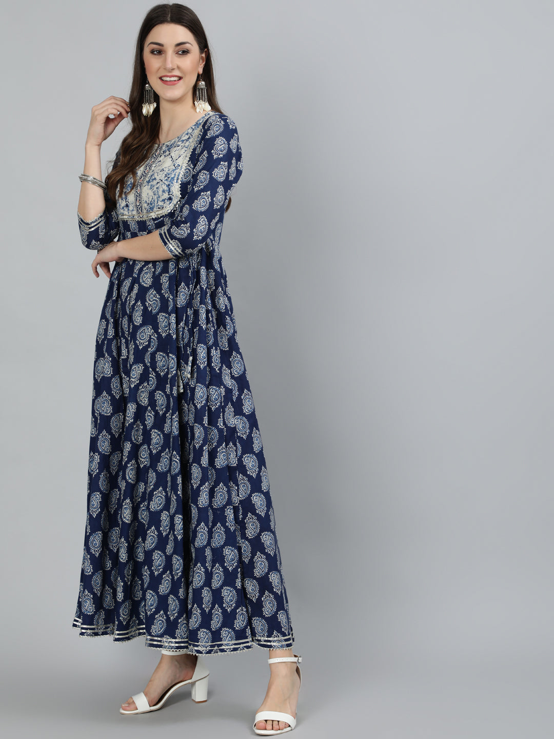 Cotton Printed Flared 3/4 Sleeve Round Neck Ankle Length Kurta