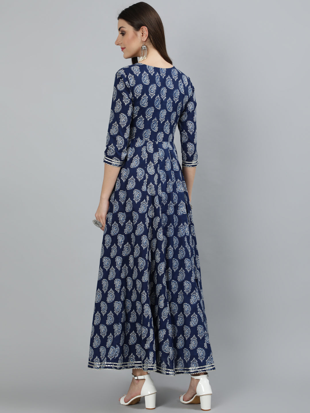 Cotton Printed Flared 3/4 Sleeve Round Neck Ankle Length Kurta