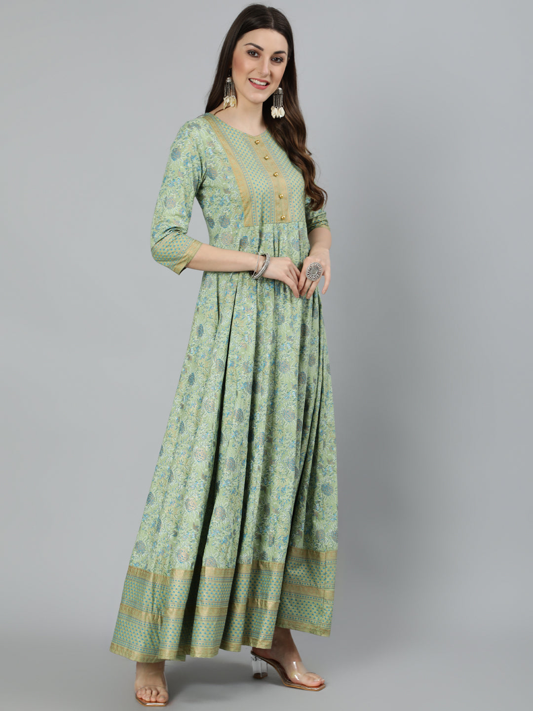 Rayon Foil Printed Flared 3/4 Sleeve Round Neck Full length Kurta