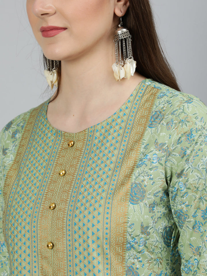 Rayon Foil Printed Flared 3/4 Sleeve Round Neck Full length Kurta