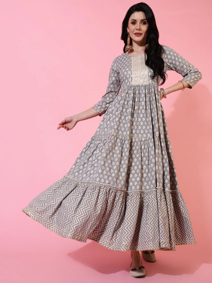 Rayon Ankle Length Flared 3/4 Sleeves Printed Round Neck Kurta