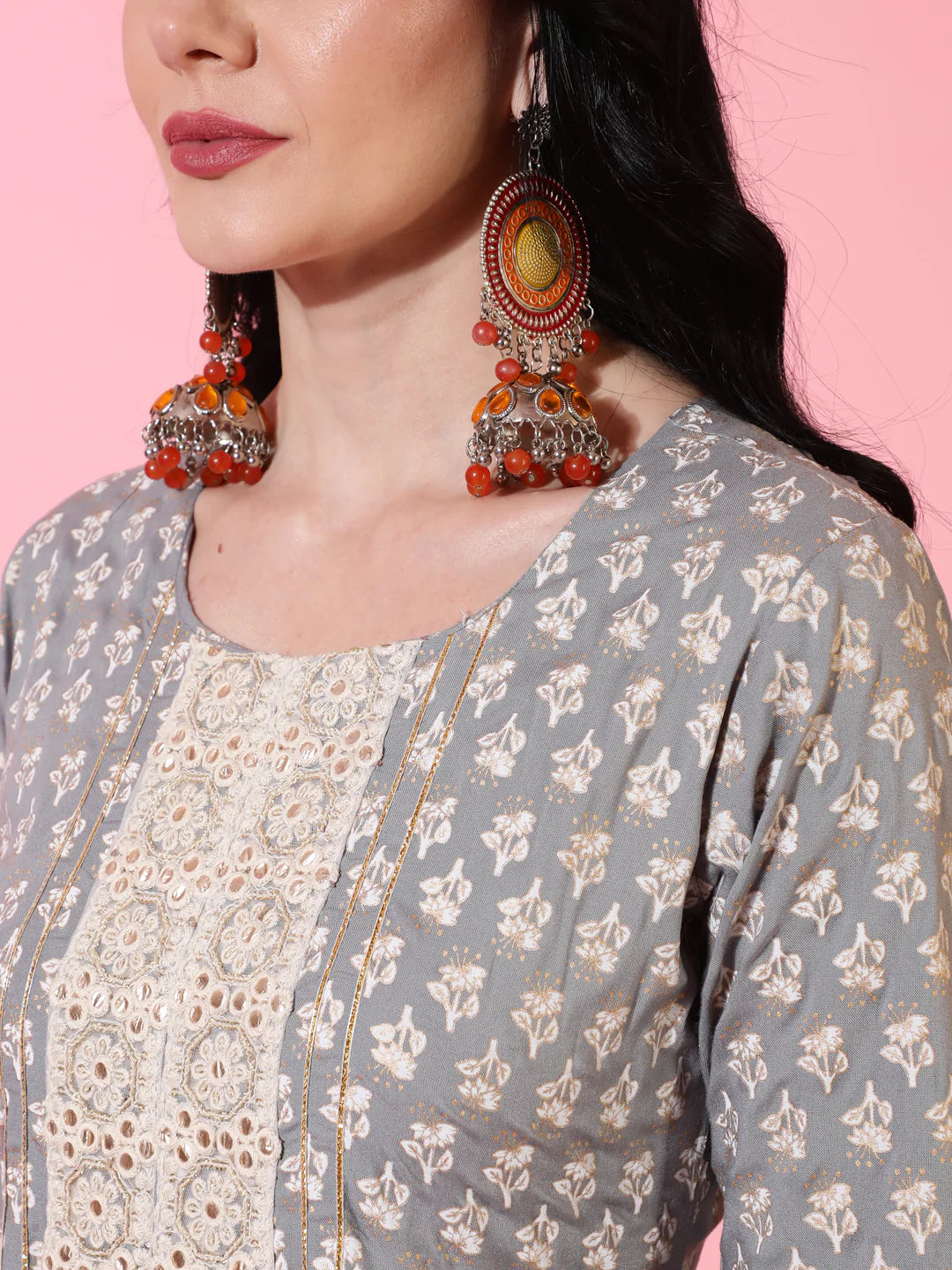 Rayon Ankle Length Flared 3/4 Sleeves Printed Round Neck Kurta