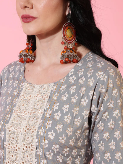 Rayon Ankle Length Flared 3/4 Sleeves Printed Round Neck Kurta