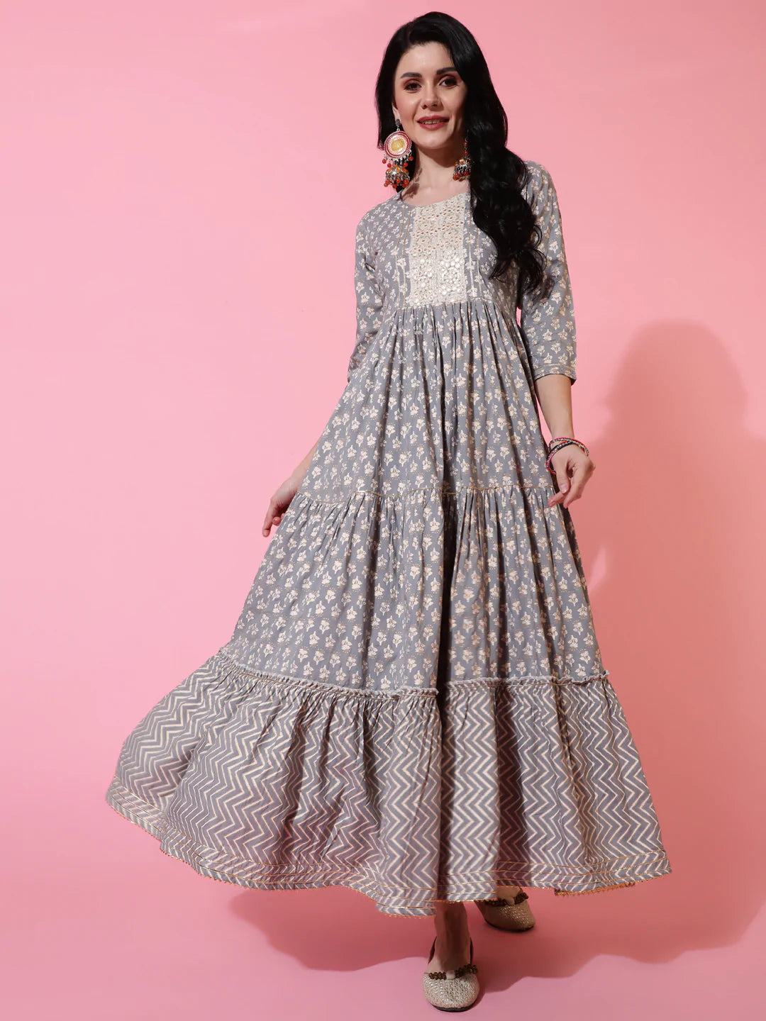 Rayon Ankle Length Flared 3/4 Sleeves Printed Round Neck Kurta