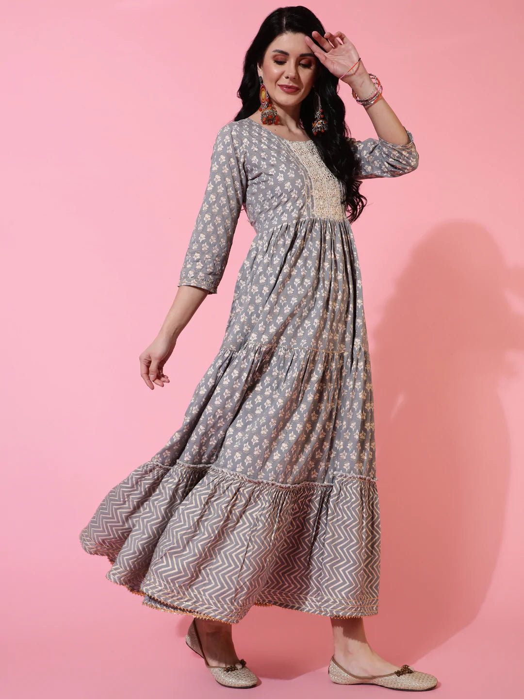 Rayon Ankle Length Flared 3/4 Sleeves Printed Round Neck Kurta