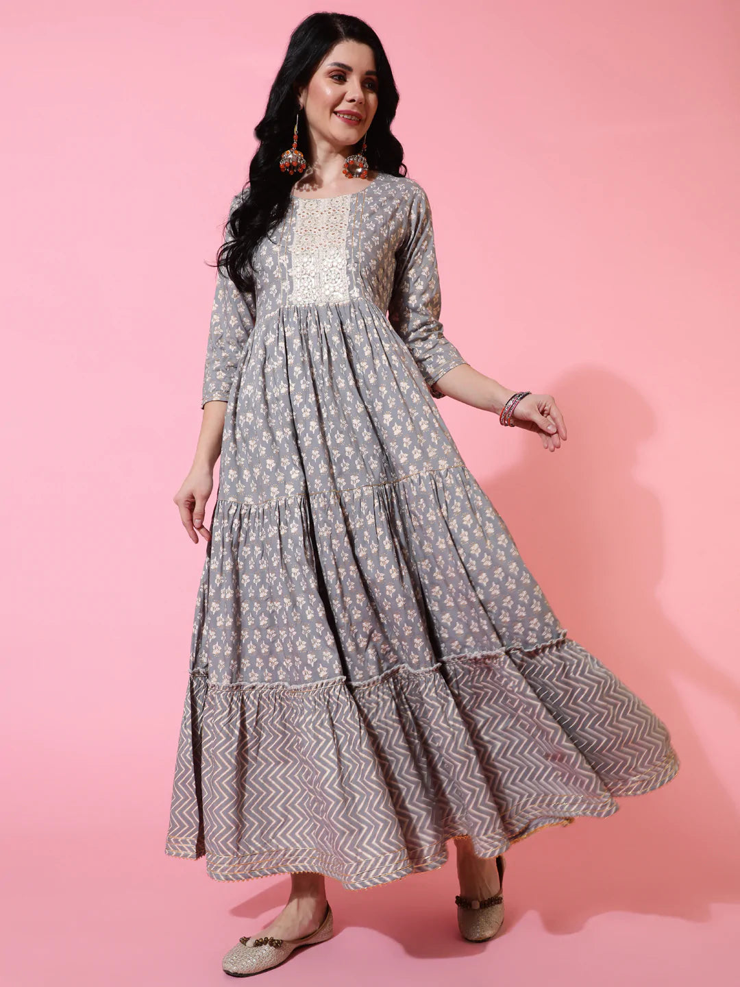 Rayon Ankle Length Flared 3/4 Sleeves Printed Round Neck Kurta