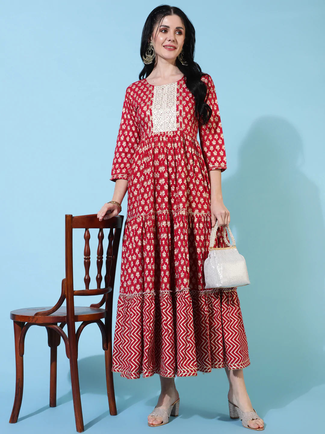 Rayon Ankle Length Flared 3/4 Sleeves Printed Round Neck Kurta
