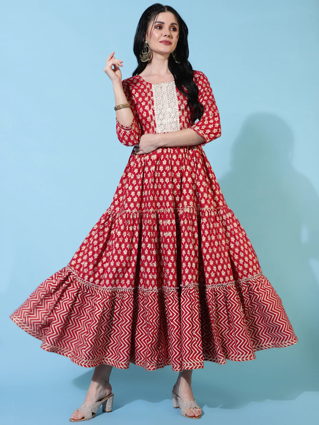 Rayon Ankle Length Flared 3/4 Sleeves Printed Round Neck Kurta