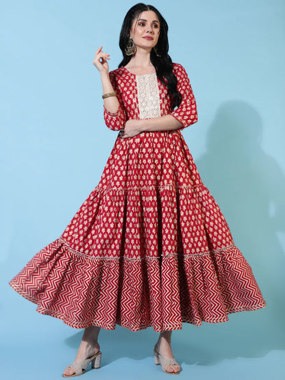 Rayon Ankle Length Flared 3/4 Sleeves Printed Round Neck Kurta