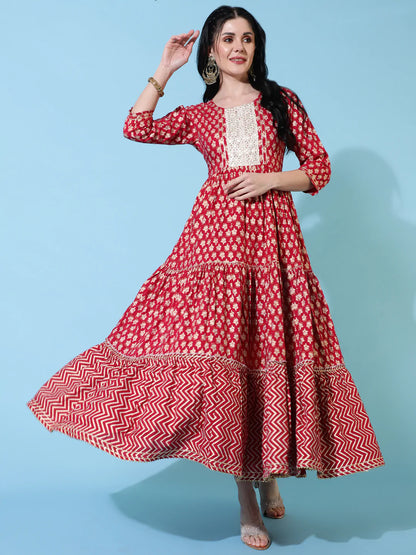 Rayon Ankle Length Flared 3/4 Sleeves Printed Round Neck Kurta