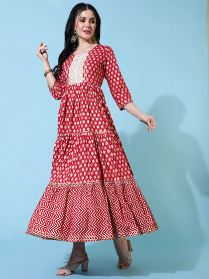Rayon Ankle Length Flared 3/4 Sleeves Printed Round Neck Kurta