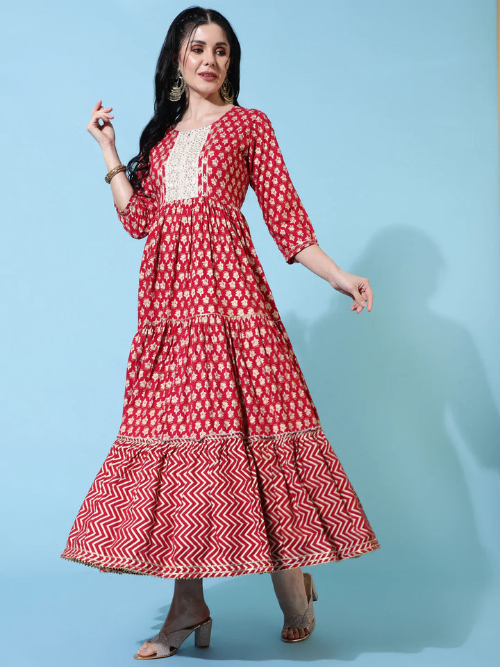 Rayon Ankle Length Flared 3/4 Sleeves Printed Round Neck Kurta