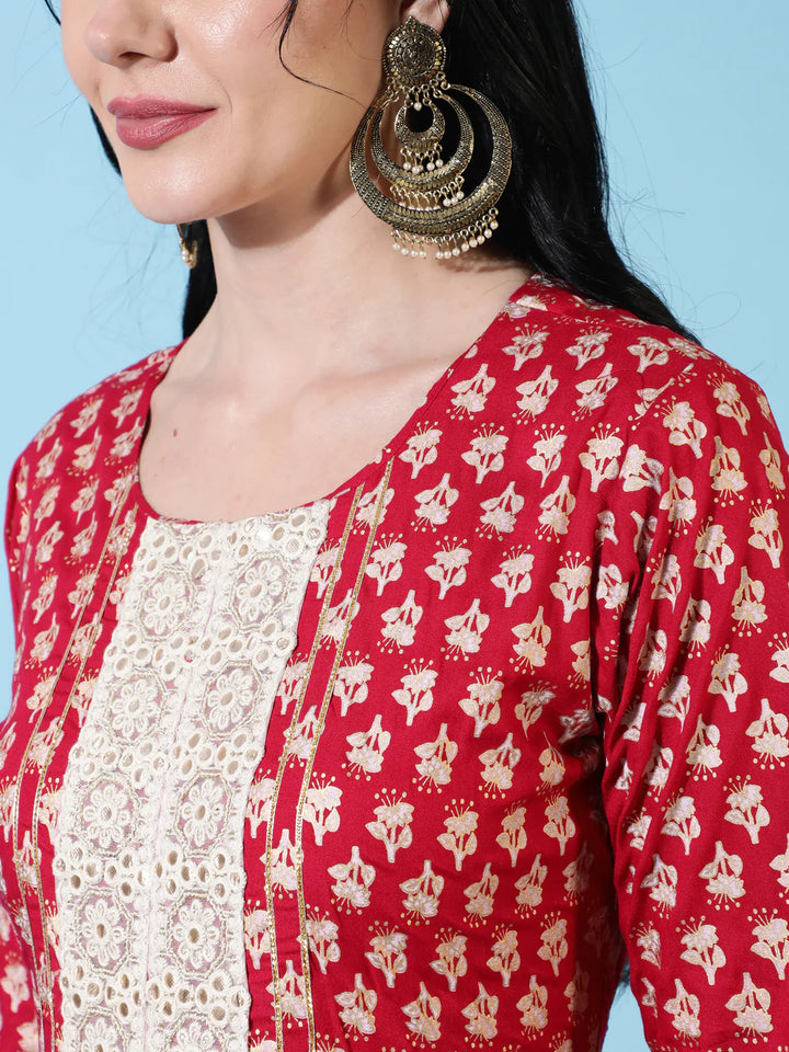 Rayon Ankle Length Flared 3/4 Sleeves Printed Round Neck Kurta