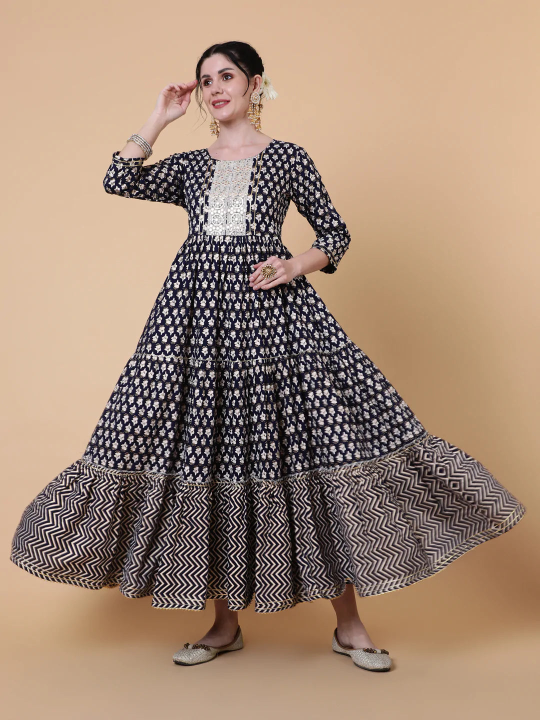 Rayon Ankle Length Flared 3/4 Sleeves Printed Round Neck Kurta
