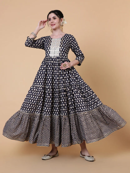 Rayon Ankle Length Flared 3/4 Sleeves Printed Round Neck Kurta