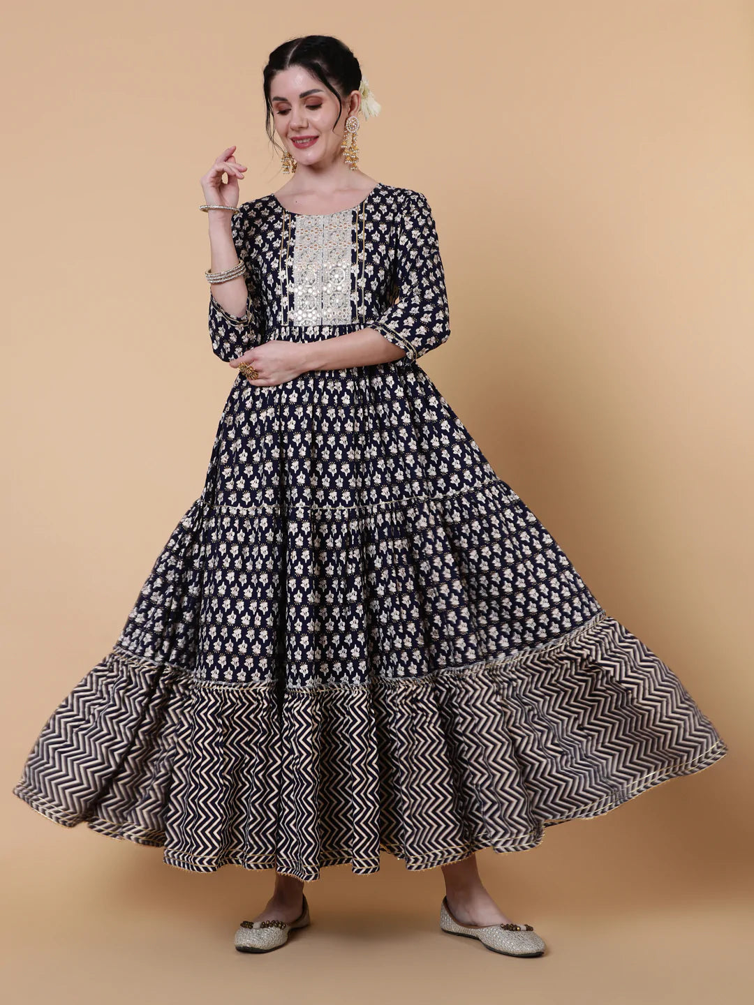 Rayon Ankle Length Flared 3/4 Sleeves Printed Round Neck Kurta