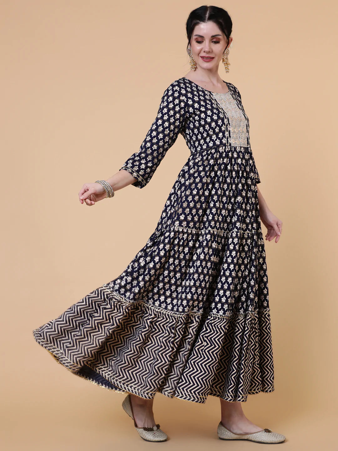 Rayon Ankle Length Flared 3/4 Sleeves Printed Round Neck Kurta