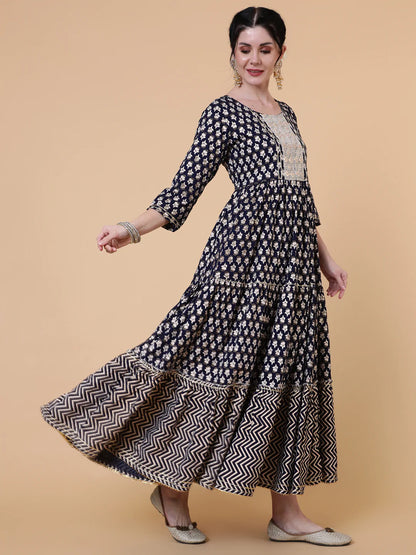 Rayon Ankle Length Flared 3/4 Sleeves Printed Round Neck Kurta