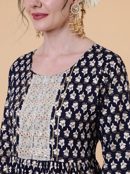 Rayon Ankle Length Flared 3/4 Sleeves Printed Round Neck Kurta