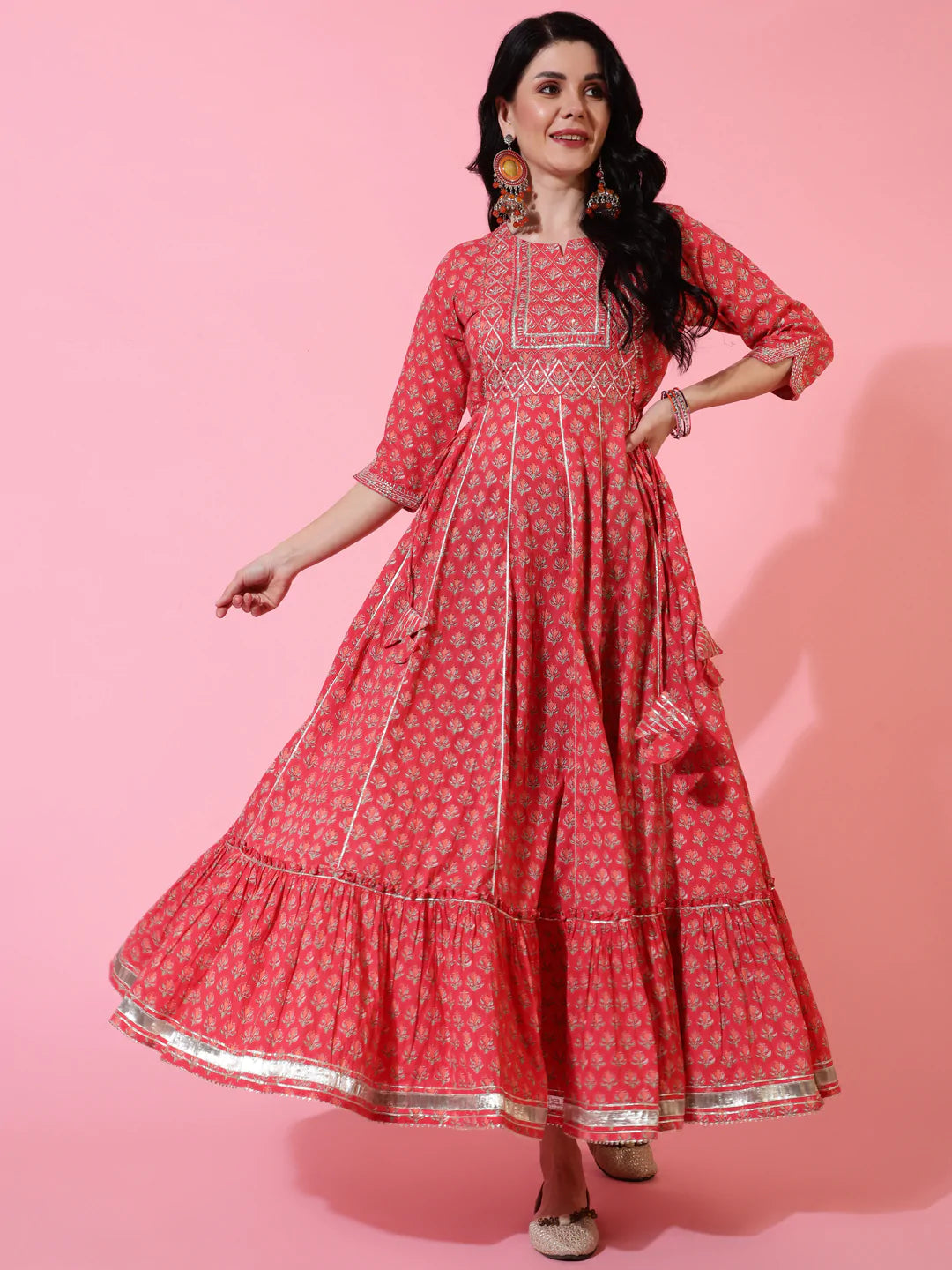 Cotton Full Length Flared 3/4 Sleeves Printed Round Neck Kurta