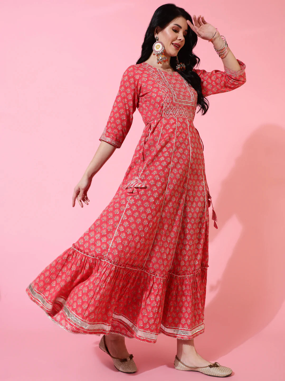 Cotton Full Length Flared 3/4 Sleeves Printed Round Neck Kurta