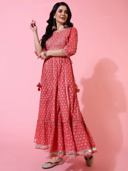 Cotton Full Length Flared 3/4 Sleeves Printed Round Neck Kurta