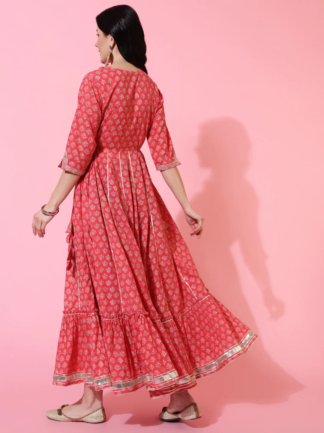 Cotton Full Length Flared 3/4 Sleeves Printed Round Neck Kurta