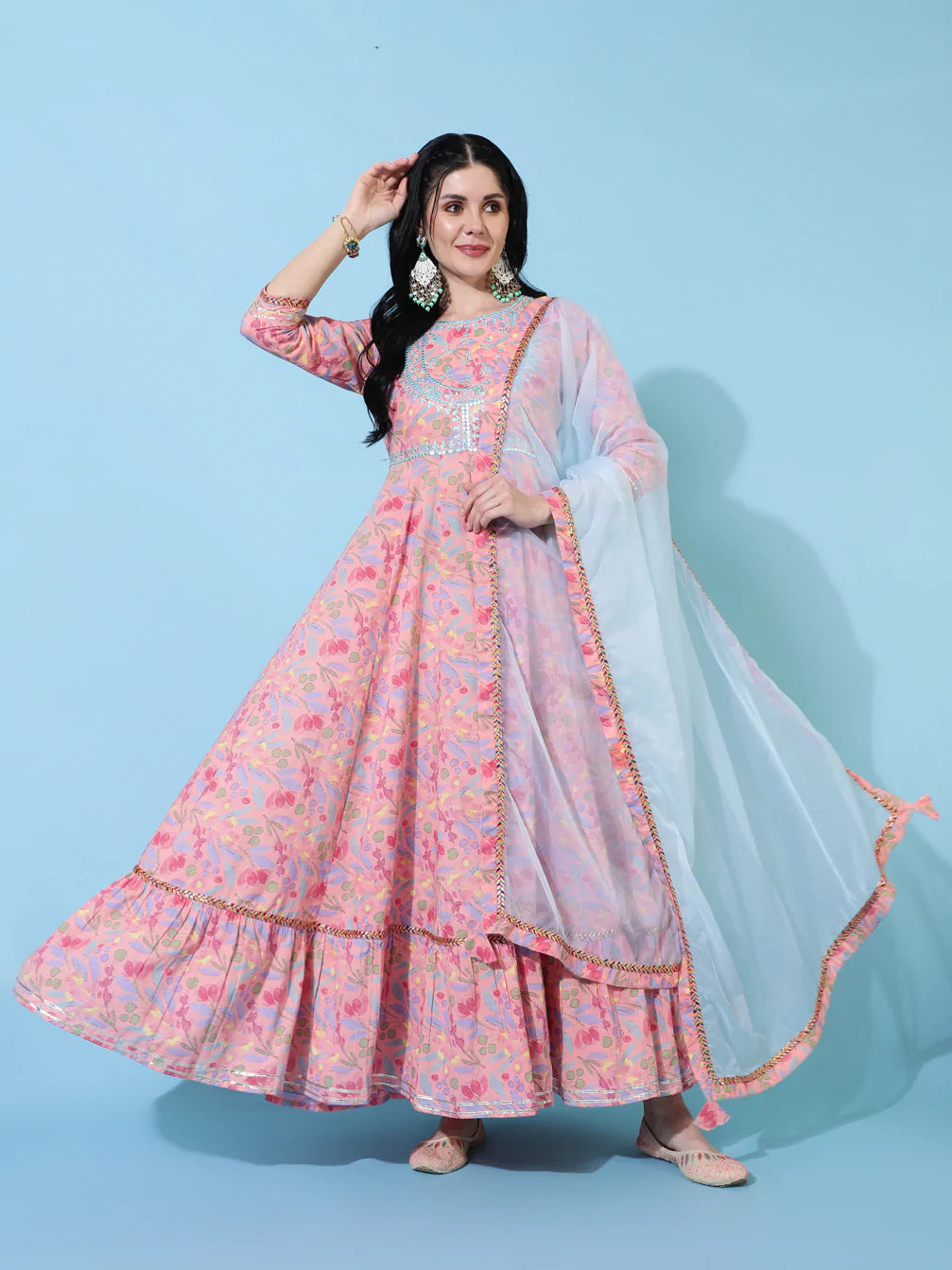 Cotton Full Length Flared 3/4 Sleeves Printed Round Neck Kurta And Dupatta Set