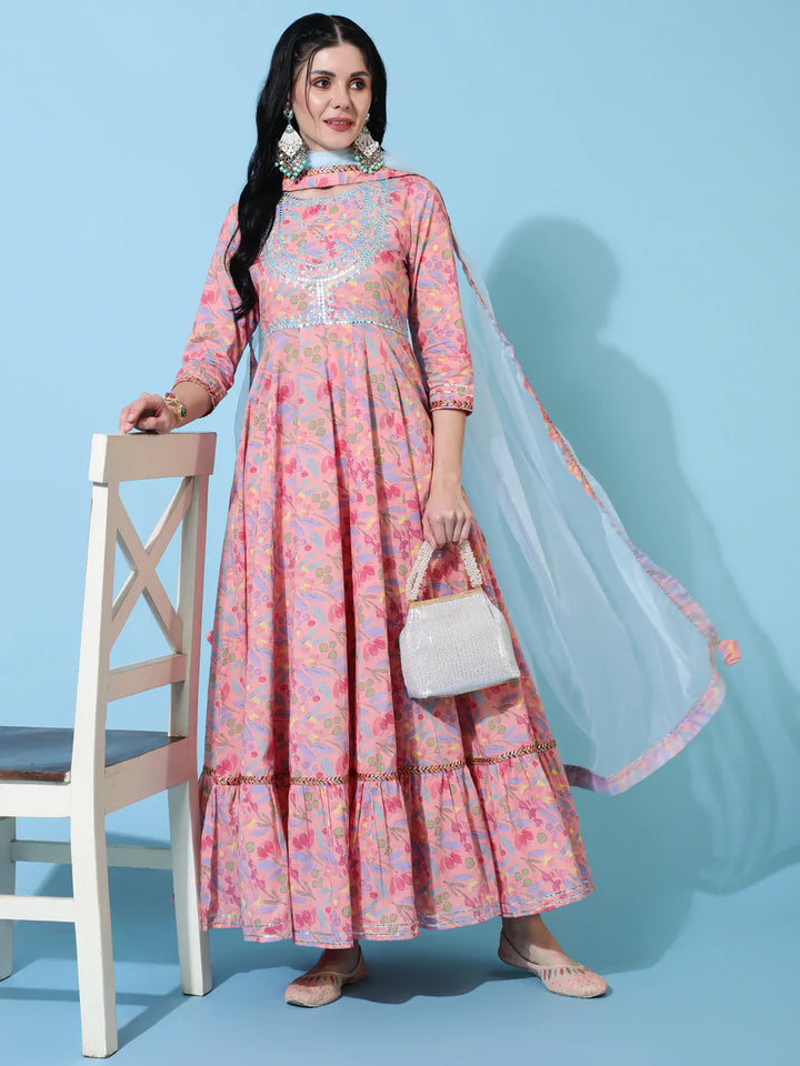 Cotton Full Length Flared 3/4 Sleeves Printed Round Neck Kurta And Dupatta Set