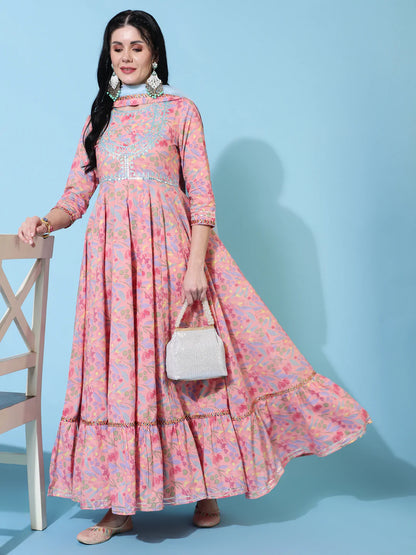 Cotton Full Length Flared 3/4 Sleeves Printed Round Neck Kurta And Dupatta Set