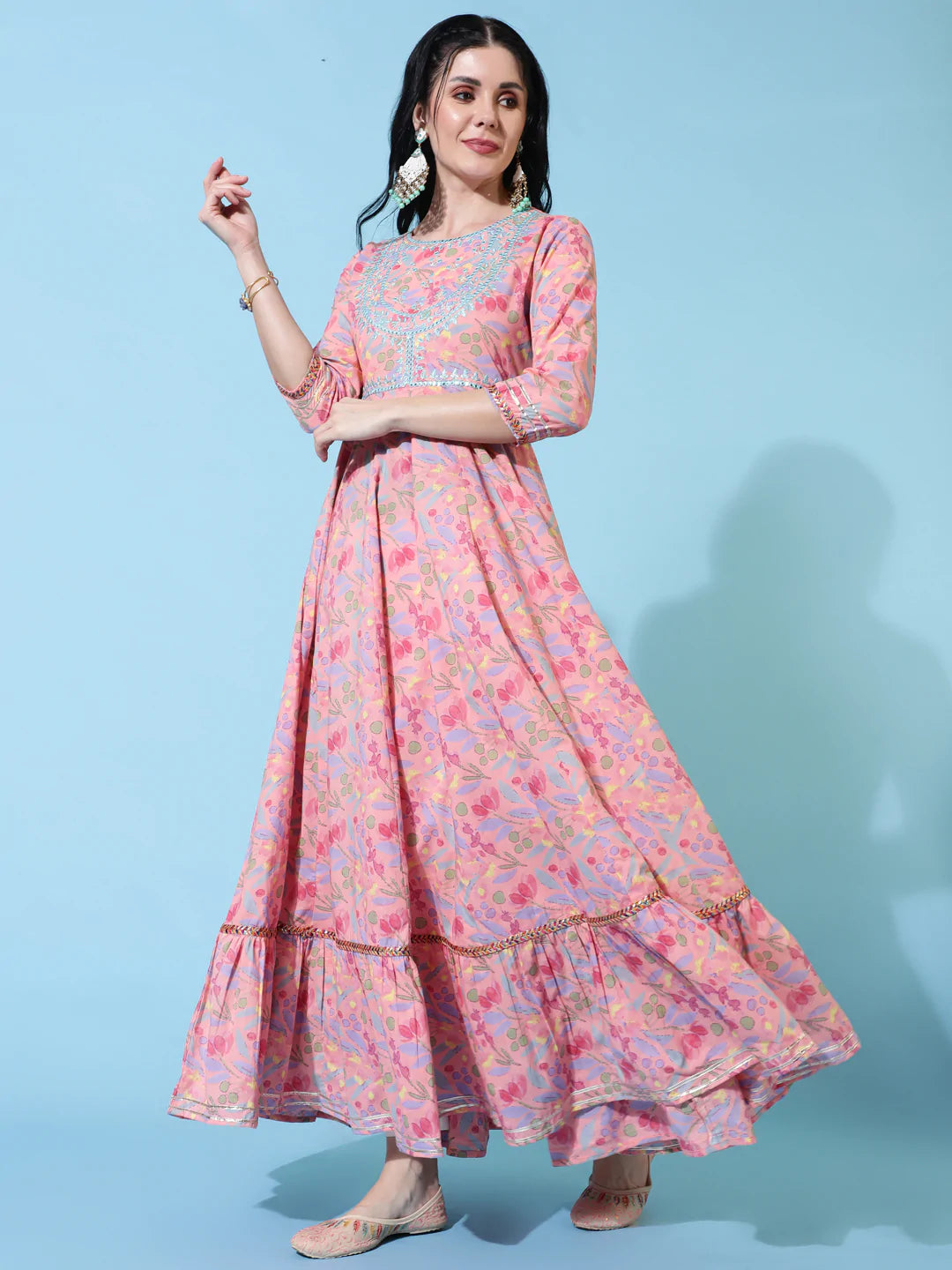 Cotton Full Length Flared 3/4 Sleeves Printed Round Neck Kurta And Dupatta Set