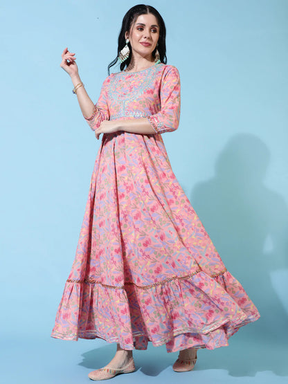 Cotton Full Length Flared 3/4 Sleeves Printed Round Neck Kurta And Dupatta Set