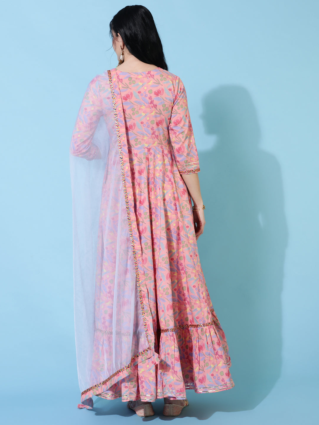 Cotton Full Length Flared 3/4 Sleeves Printed Round Neck Kurta And Dupatta Set