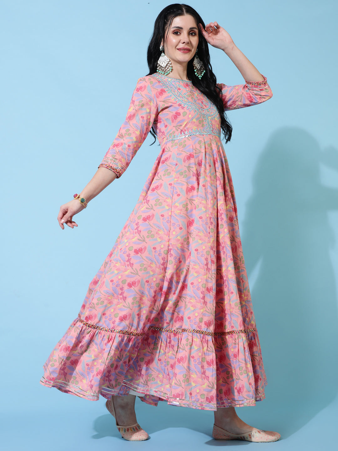 Cotton Full Length Flared 3/4 Sleeves Printed Round Neck Kurta And Dupatta Set