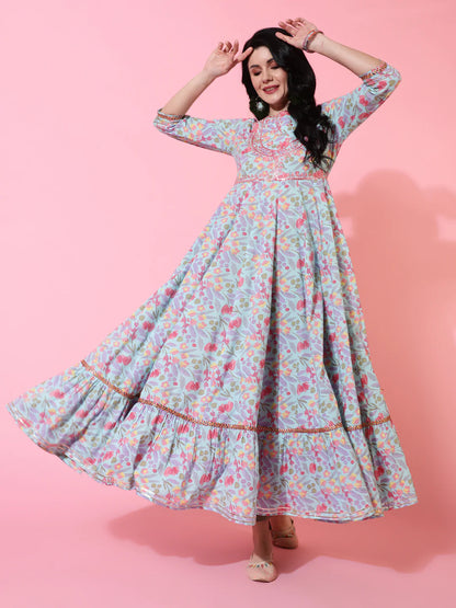 Cotton Full Length Flared 3/4 Sleeves Printed Round Neck Kurta And Dupatta Set