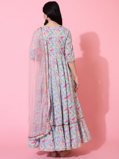 Cotton Full Length Flared 3/4 Sleeves Printed Round Neck Kurta And Dupatta Set
