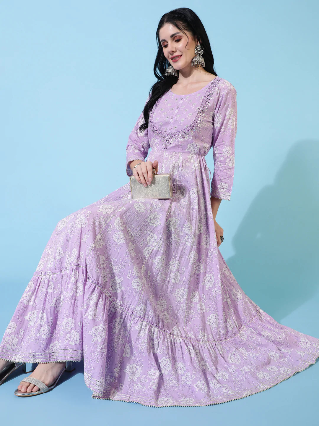 Cotton Full Length Flared 3/4 Sleeves Printed Round Neck Kurta