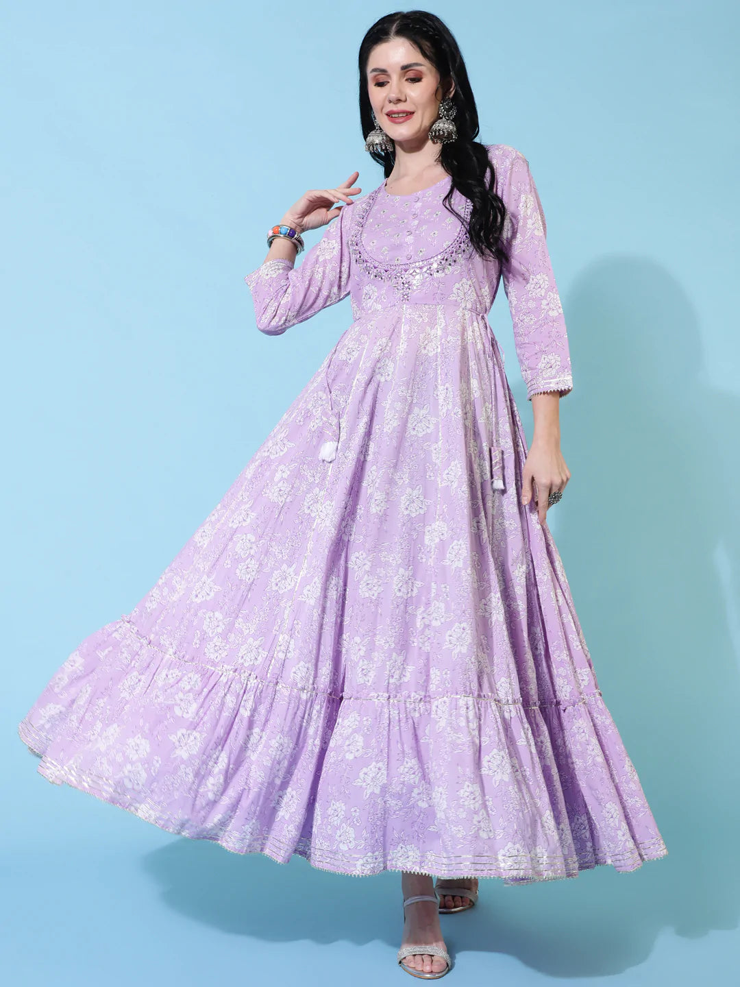 Cotton Full Length Flared 3/4 Sleeves Printed Round Neck Kurta