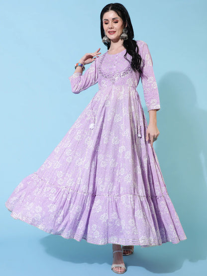 Cotton Full Length Flared 3/4 Sleeves Printed Round Neck Kurta