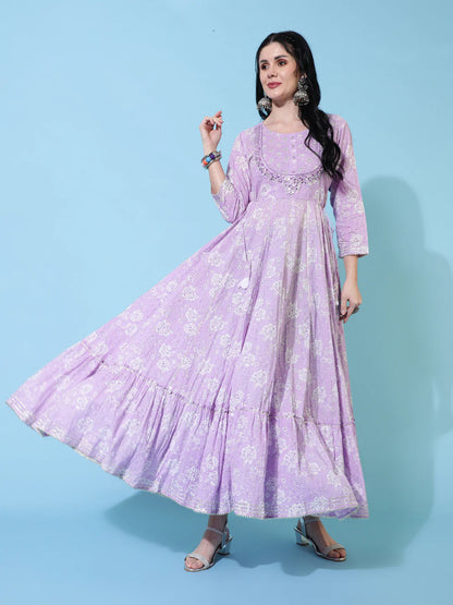 Cotton Full Length Flared 3/4 Sleeves Printed Round Neck Kurta