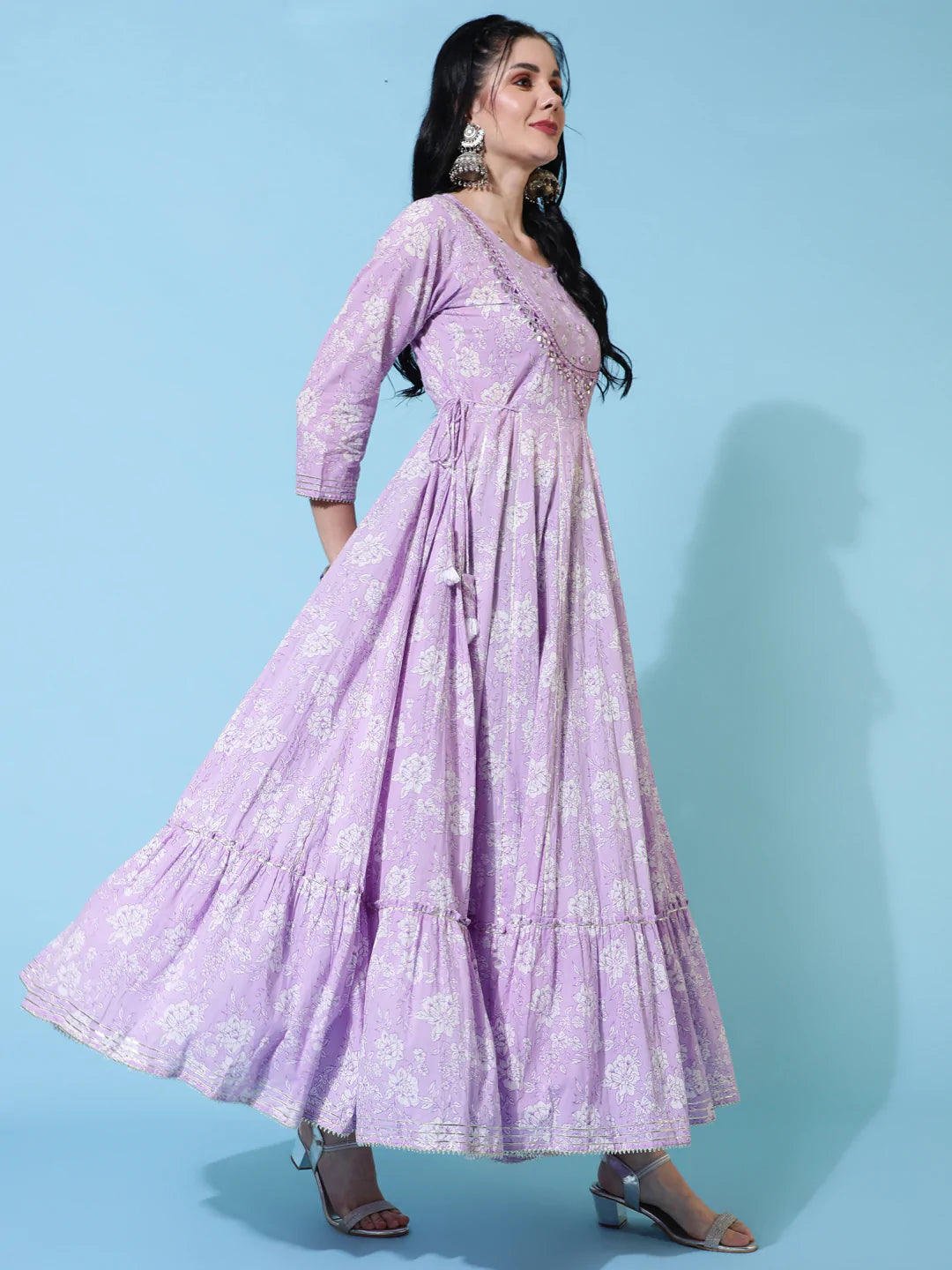 Cotton Full Length Flared 3/4 Sleeves Printed Round Neck Kurta