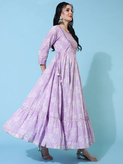 Cotton Full Length Flared 3/4 Sleeves Printed Round Neck Kurta