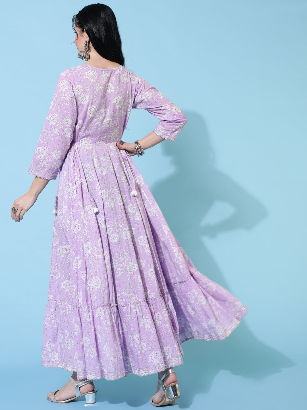 Cotton Full Length Flared 3/4 Sleeves Printed Round Neck Kurta