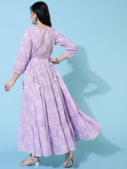 Cotton Full Length Flared 3/4 Sleeves Printed Round Neck Kurta