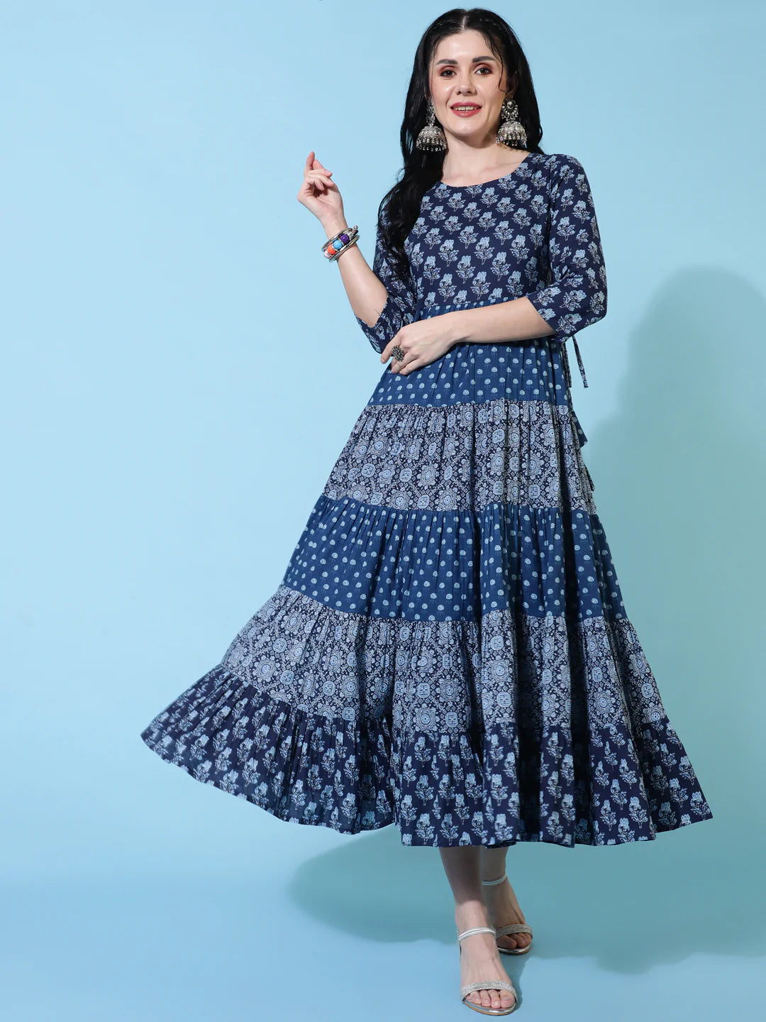 Cotton Calf Length Flared 3/4 Sleeves Printed Round Neck Kurta