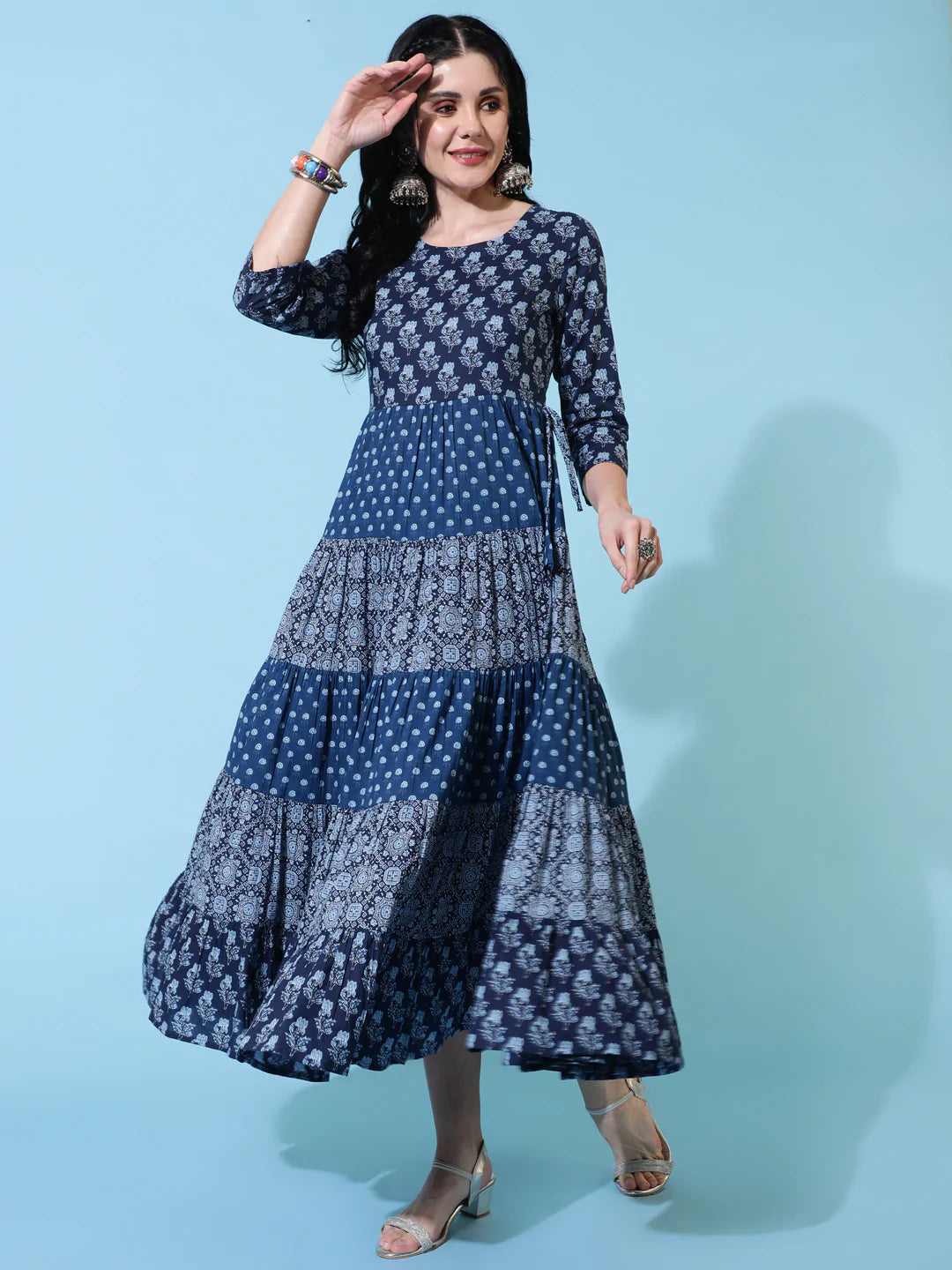 Cotton Calf Length Flared 3/4 Sleeves Printed Round Neck Kurta
